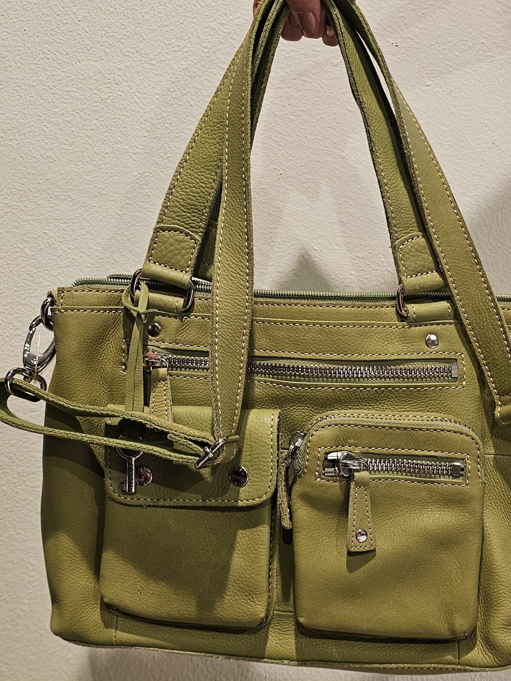 Fossil Olive Green Leather Shoulder Bag with Pockets